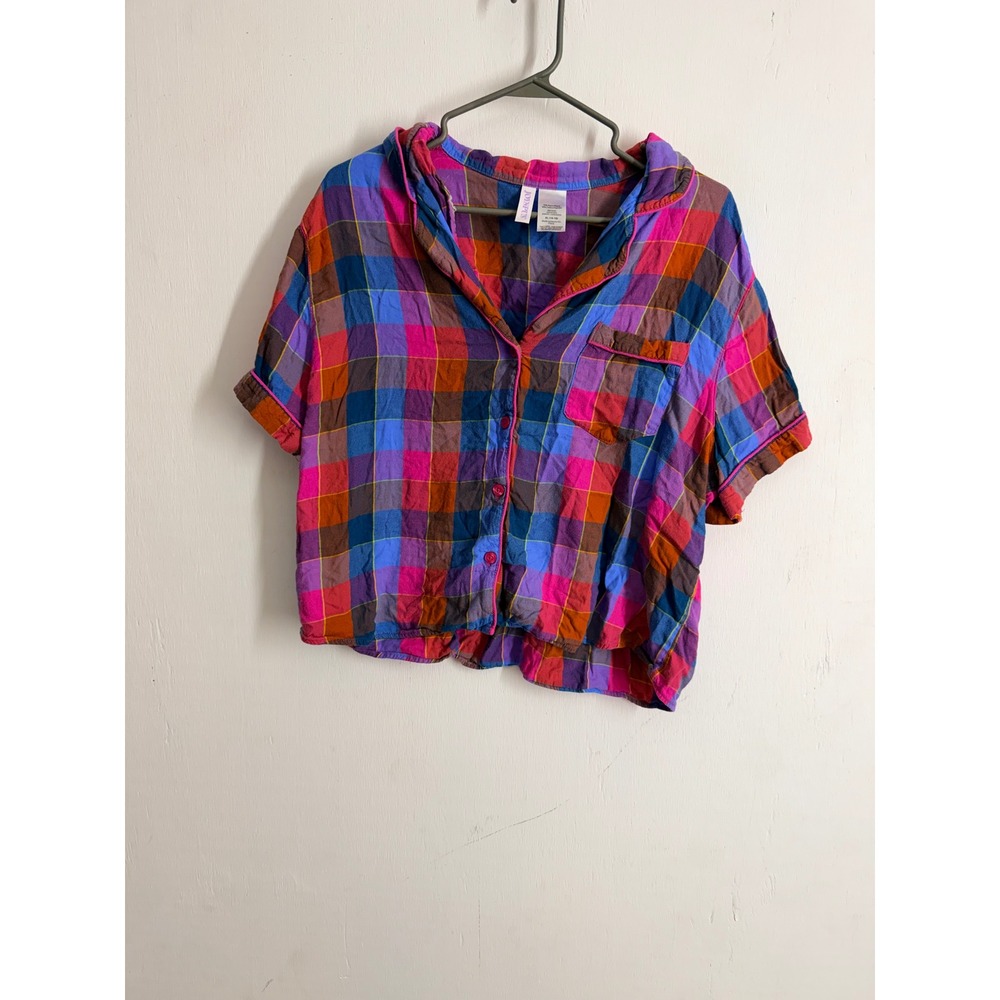 Joyspun Multi Color Plaid Pajama Top XL Short Sleeve Button Down Sleep Shirt
